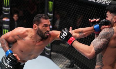 Bruno Blindado acerta um golpe em Brad Tavares no co-main event do UFC Vegas 71.