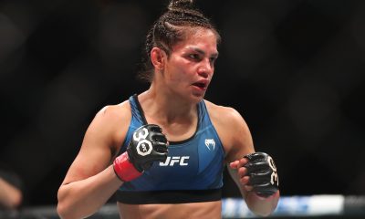 Cynthia Calvillo durante combate contra Lupita Godinez, no qual foi derrota na decisão dividida dos juízes, no card do UFC 287.