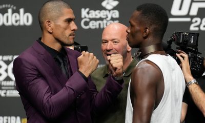 Alex Poatan e Israel Adesanya protagonizam encarada após o término da coletiva de imprensa do UFC 287.