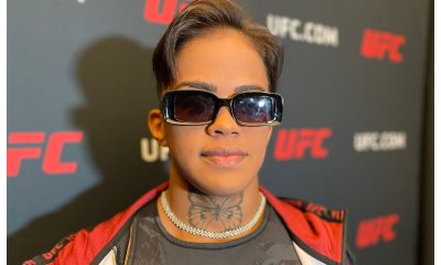 De óculos escuro, Iasmin Lucindo conversa com a imprensa antes do UFC Vegas 71