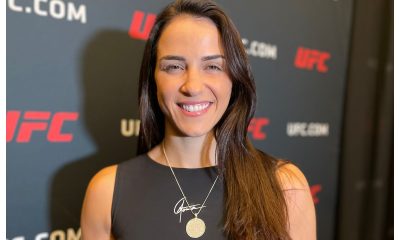 Sorridente, Norma Dumont atende a imprensa durante o media day do UFC Vegas 71