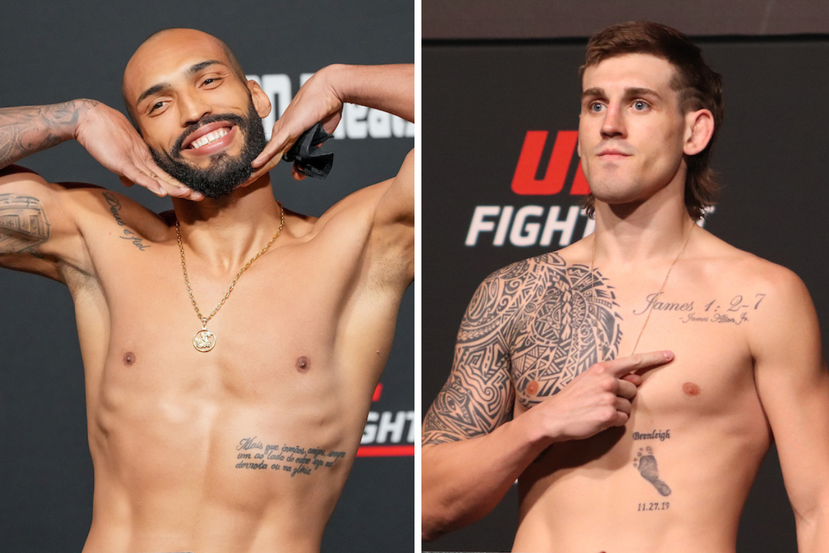 Bruno Blindado e Brendan Allen posam na balança antes de seus respectivos compromissos pelo UFC.