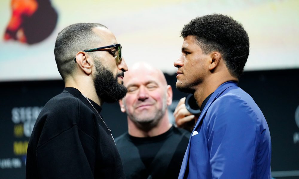 Gilbert Durinho e Belal Muhammad se encaram na coletiva de imprensa do UFC 288.