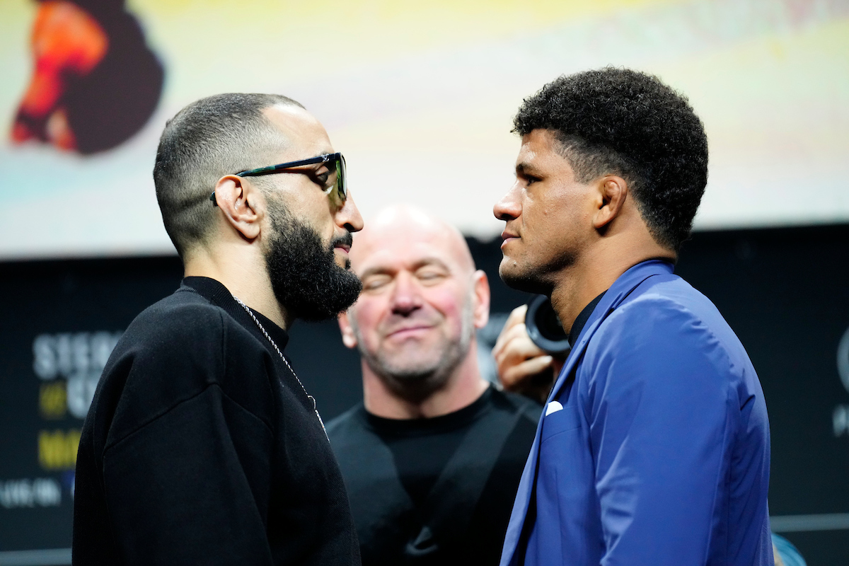 Gilbert Durinho e Belal Muhammad se encaram na coletiva de imprensa do UFC 288.