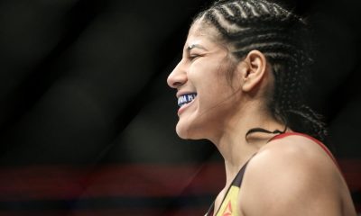 Com o protetor bucal à mostra, Ketlen Vieira se prepara para entrar em ação no UFC 222.