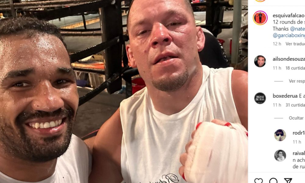 Esquiva Falcão e Nate Diaz posam lado a lado após treinarem juntos
