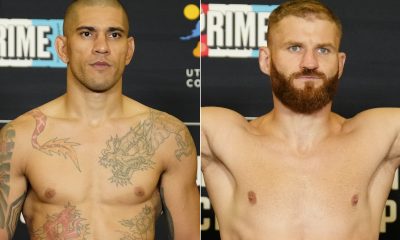 Alex Poatan e Jan Blachowicz posam para fotos após se pesarem para o UFC 291