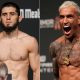 Islam Makhachev e Charles Do Bronxs posam para fotos durante a pesagem