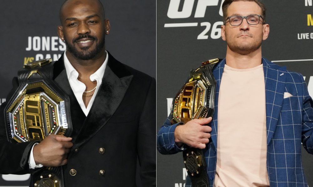 Foto montagem com Jon Jones e Stipe Miocic exibindo seus cinturões