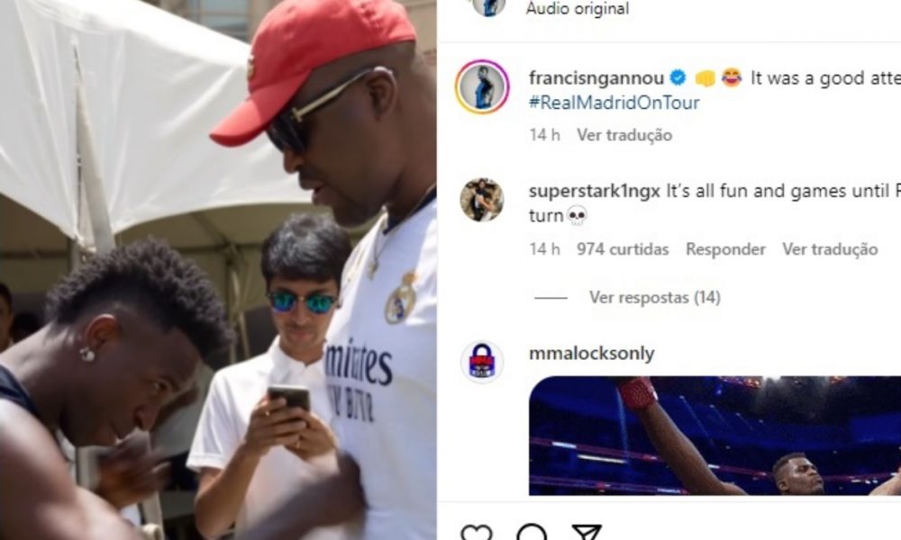Vinícius Jr brinca de dar socos na barriga de Francis Ngannou; veja