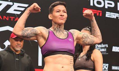 Larissa Pacheco na pesagem do 5º evento da PFL na temporada 2023.