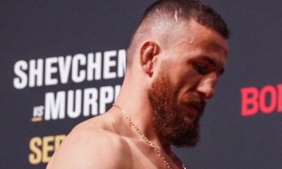 Cabisbaixo, Merab Dvalishvili participa de pesagem cerimonial do UFC
