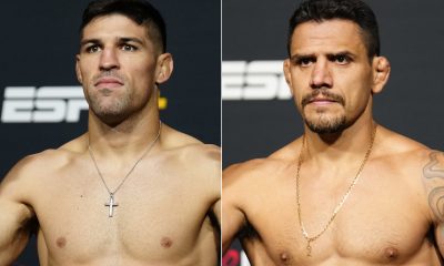 Vicente Luque e Rafael dos Anjos posam para fotos após a pesagem do UFC Vegas 78
