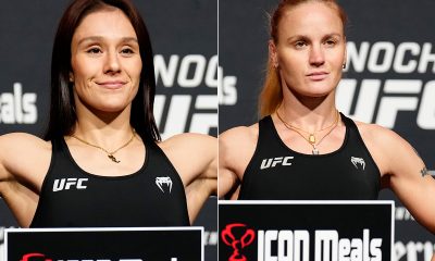 Alexa Grasso e Valentina Shevchenko posam para fotos após se pesarem para o Noche UFC