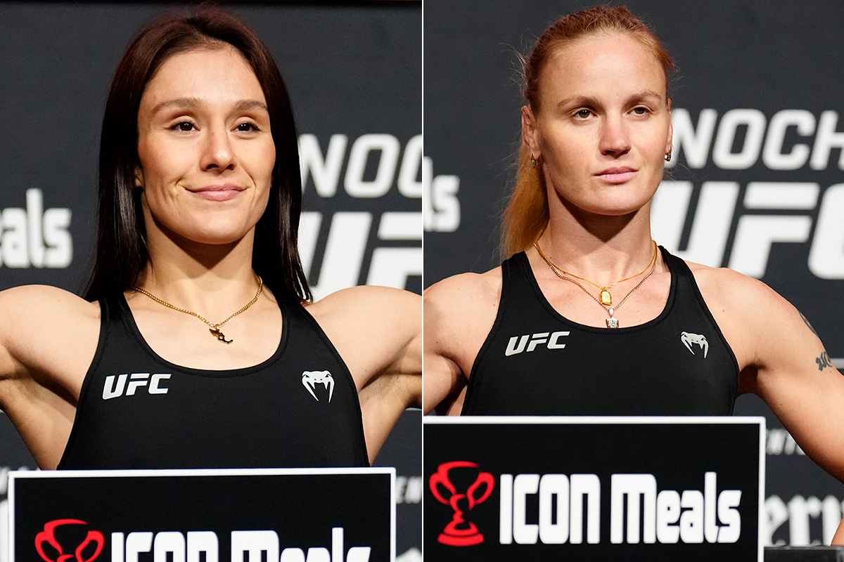 Alexa Grasso e Valentina Shevchenko posam para fotos após se pesarem para o Noche UFC