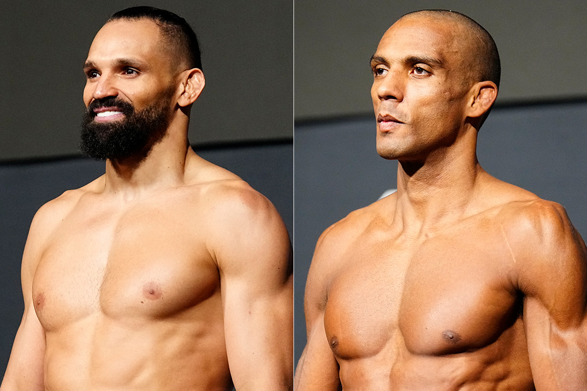 Michel Pereira e Edson Barboza posam para fotos após vencerem a balança do UFC