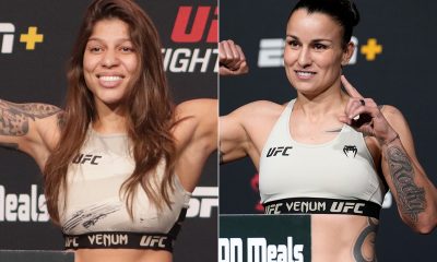 Mayra Sheetara Bueno e Raquel Pennington posam para fotos após baterem o peso