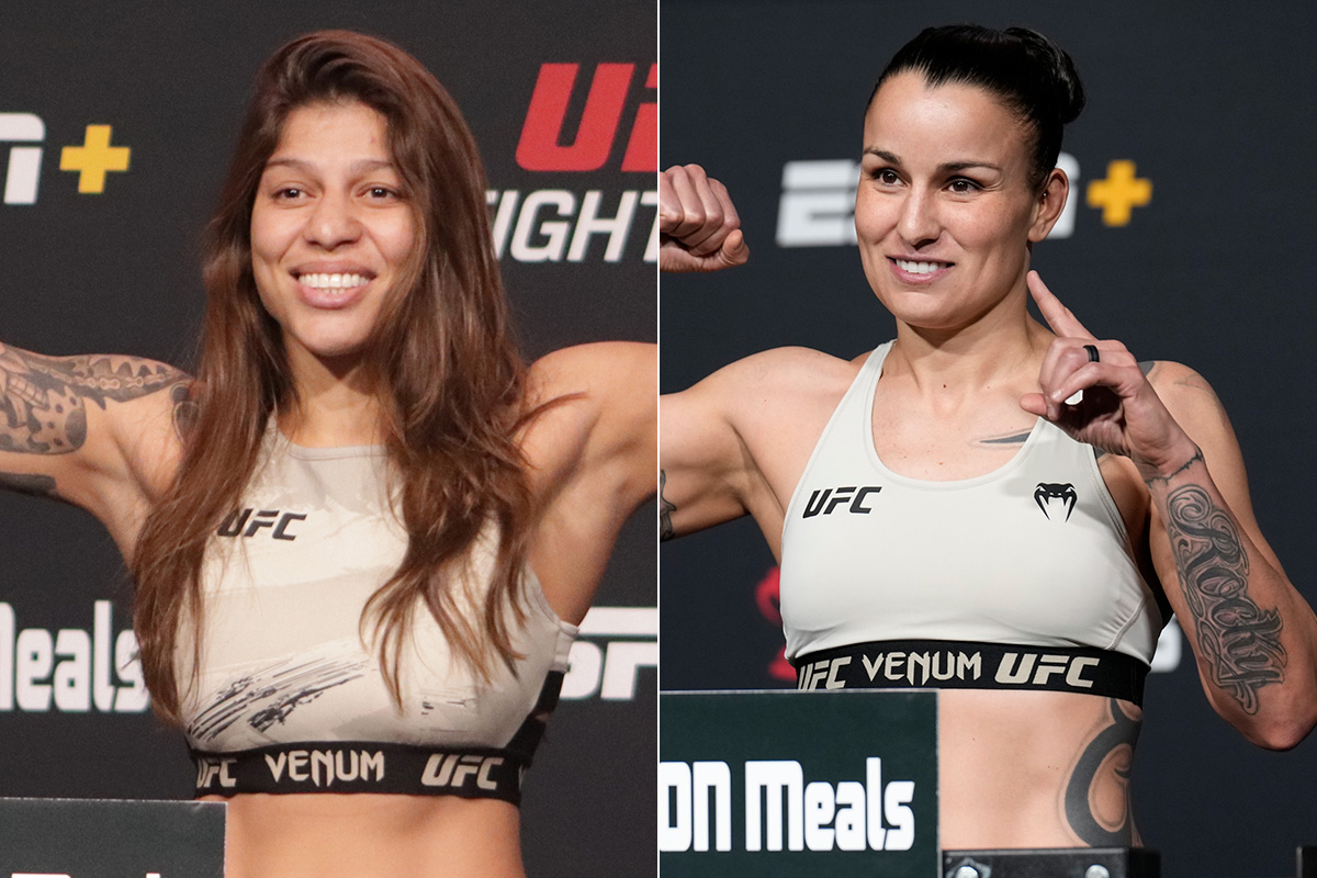 Mayra Sheetara Bueno e Raquel Pennington posam para fotos após baterem o peso