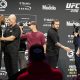 Leon Edwards e Colby Covington são contidos por seguranças depois da coletiva de imprensa do UFC 296