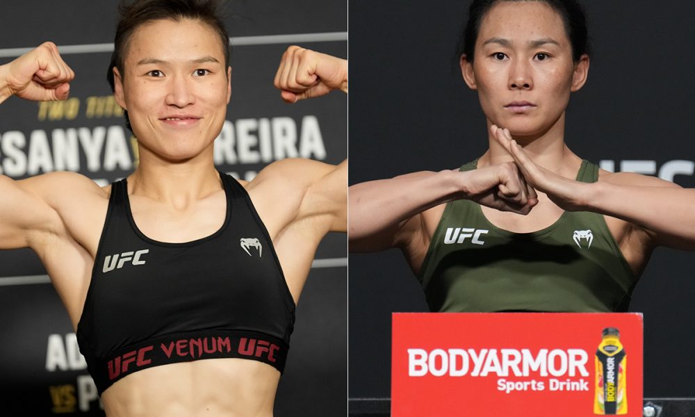 Weili Zhang e Yan Xiaonan posam para fotos após se pesarem antes de suas lutas no UFC