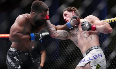 Brendan Allen (à direita) e Chris Curtis trocam golpes na luta principal do UFC Vegas 90.