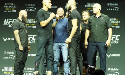 Alex Poatan e Jiri Prochazka se encaram logo após a coletiva de imprensa do UFC 303