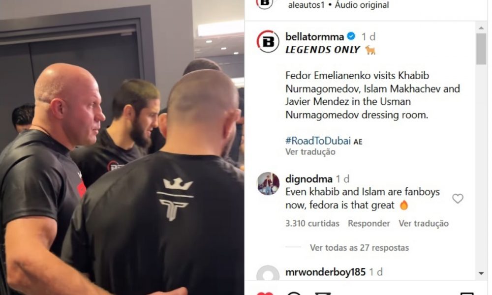 Encontro de lendas! Fedor visita Khabib e Makhachev nos bastidores de evento da PFL; veja