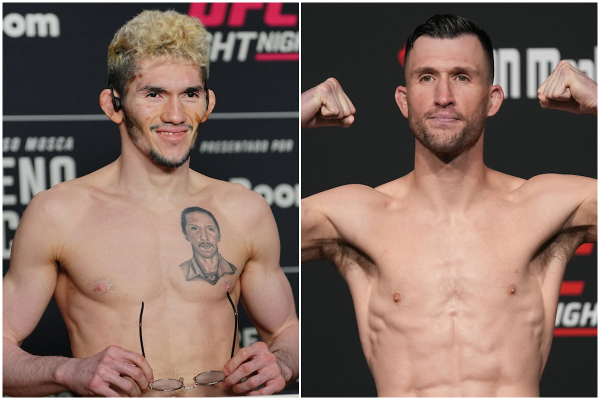 Melk Costa e Julian Erosa posam para fotos após se pesarem para suas lutas