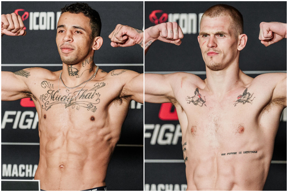 Carlos Prates e Ian Garry posam para fotos após passarem pela balança do UFC Kansas CIty