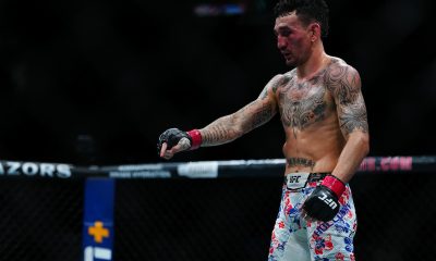 Momento em que Max Holloway aponta para o centro do cage do UFC 318, chamando Dustin Poirier para a trocação franca