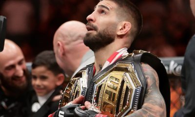 Com dois cinturões nos ombros, Ilia Topuria comemora vitória no UFC 317