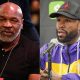Mike Tyson e Floyd Mayweather posam para fotos durante entrevistas