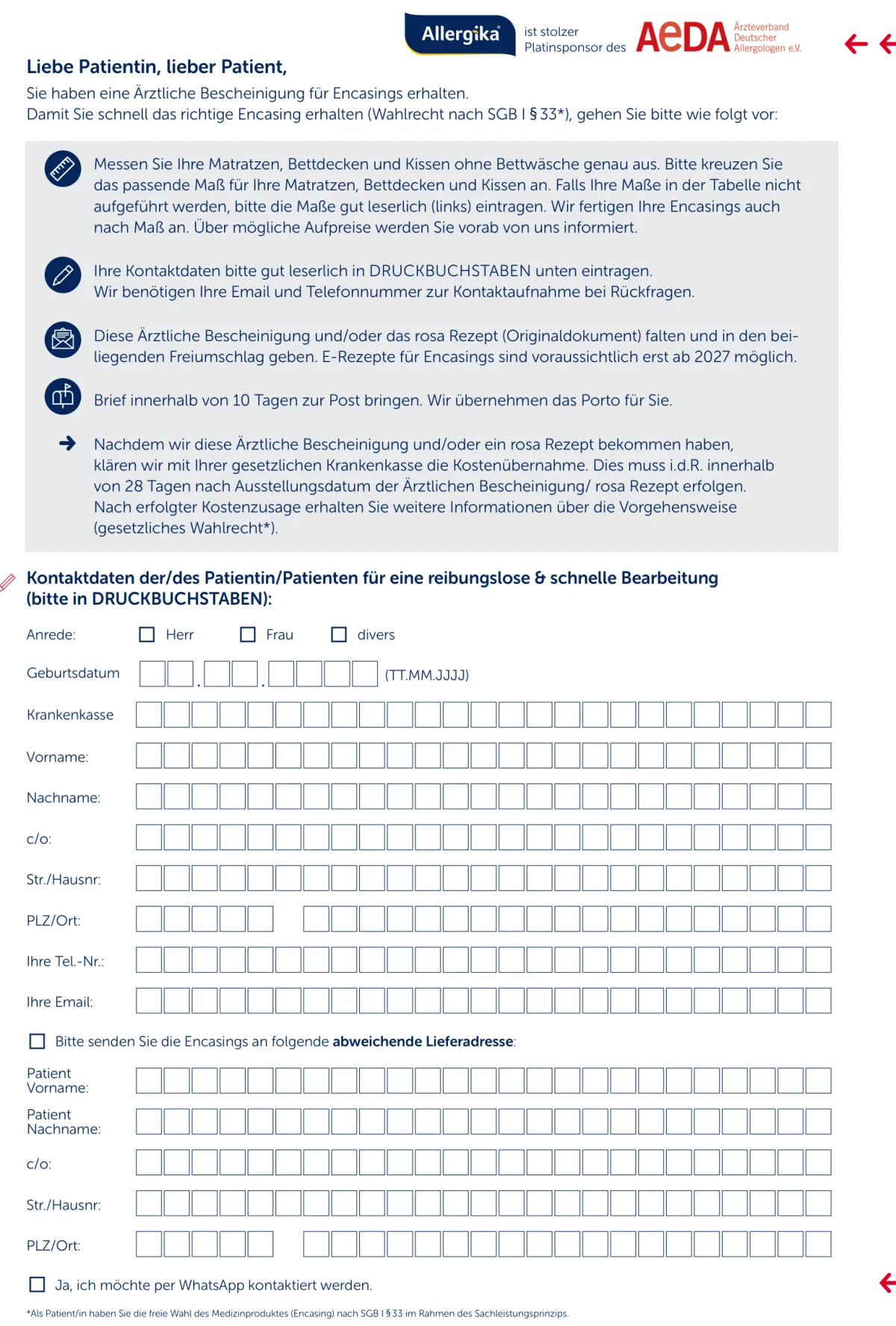 Rückseite der Ärztlichen Bescheinigung mit Feldern für die Kontaktdaten des Patienten