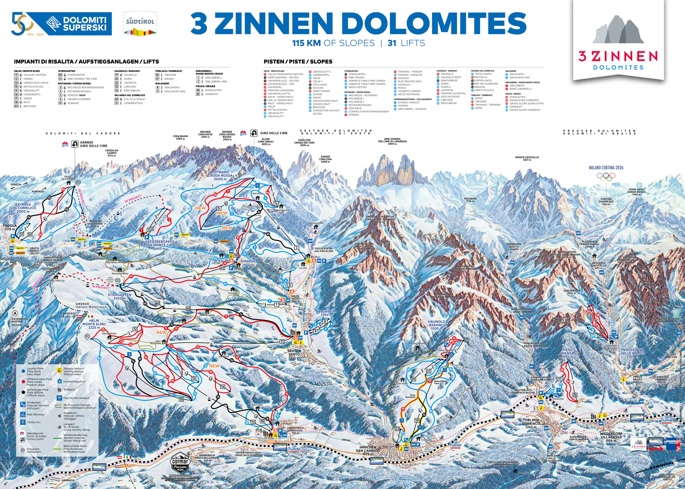 Pistenplan Drei Zinnen Dolomiten 2025/26 – Übersichtskarte mit Pisten, Liften und Bergbahnen