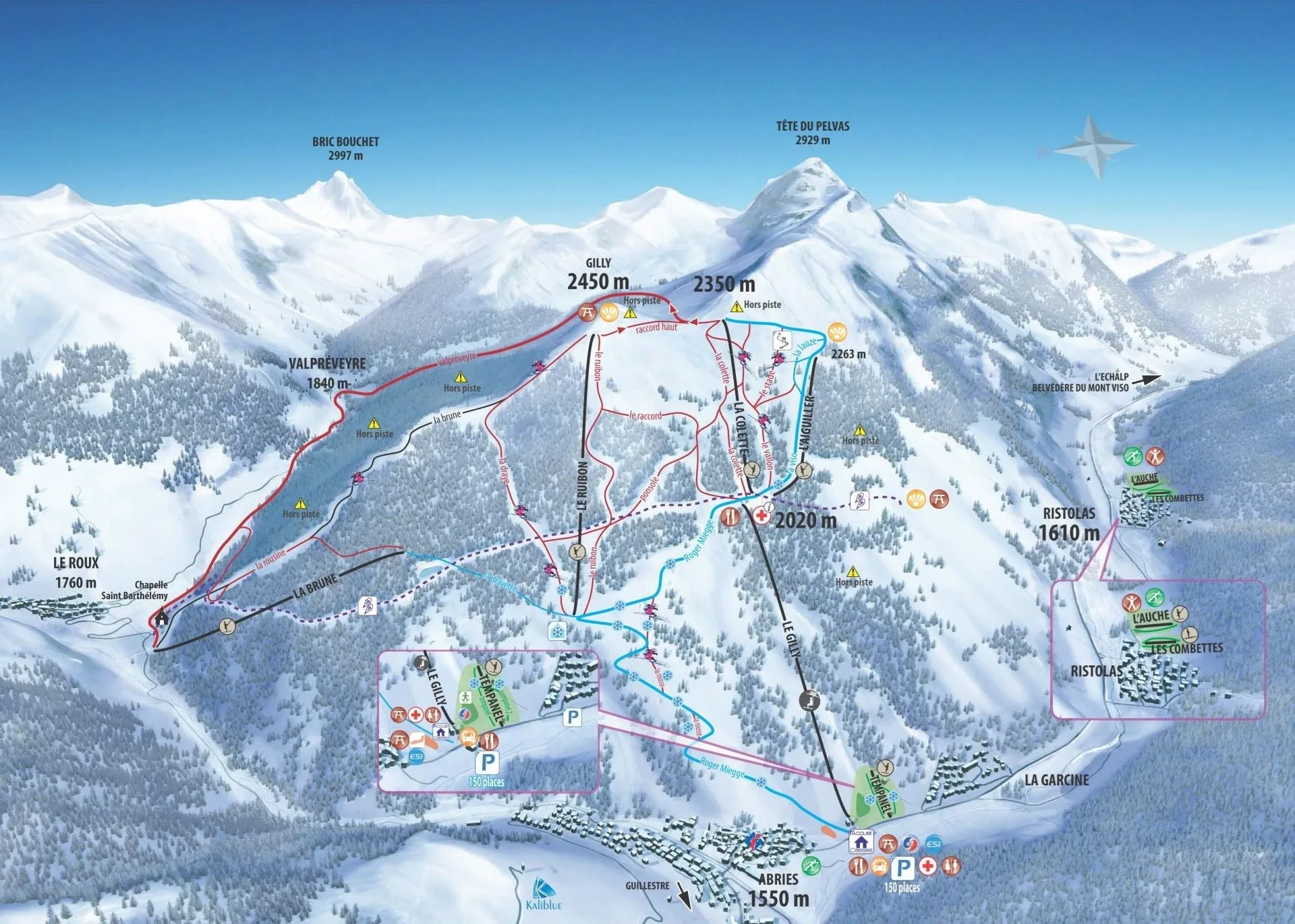 Pistenplan Abriès-Ristolas 2025/26 – Übersichtskarte mit Pisten, Liften und Bergbahnen