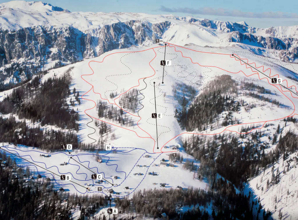 Pistenplan Aflenzer Bürgeralm 2025/26 – Übersichtskarte mit Pisten, Liften und Bergbahnen