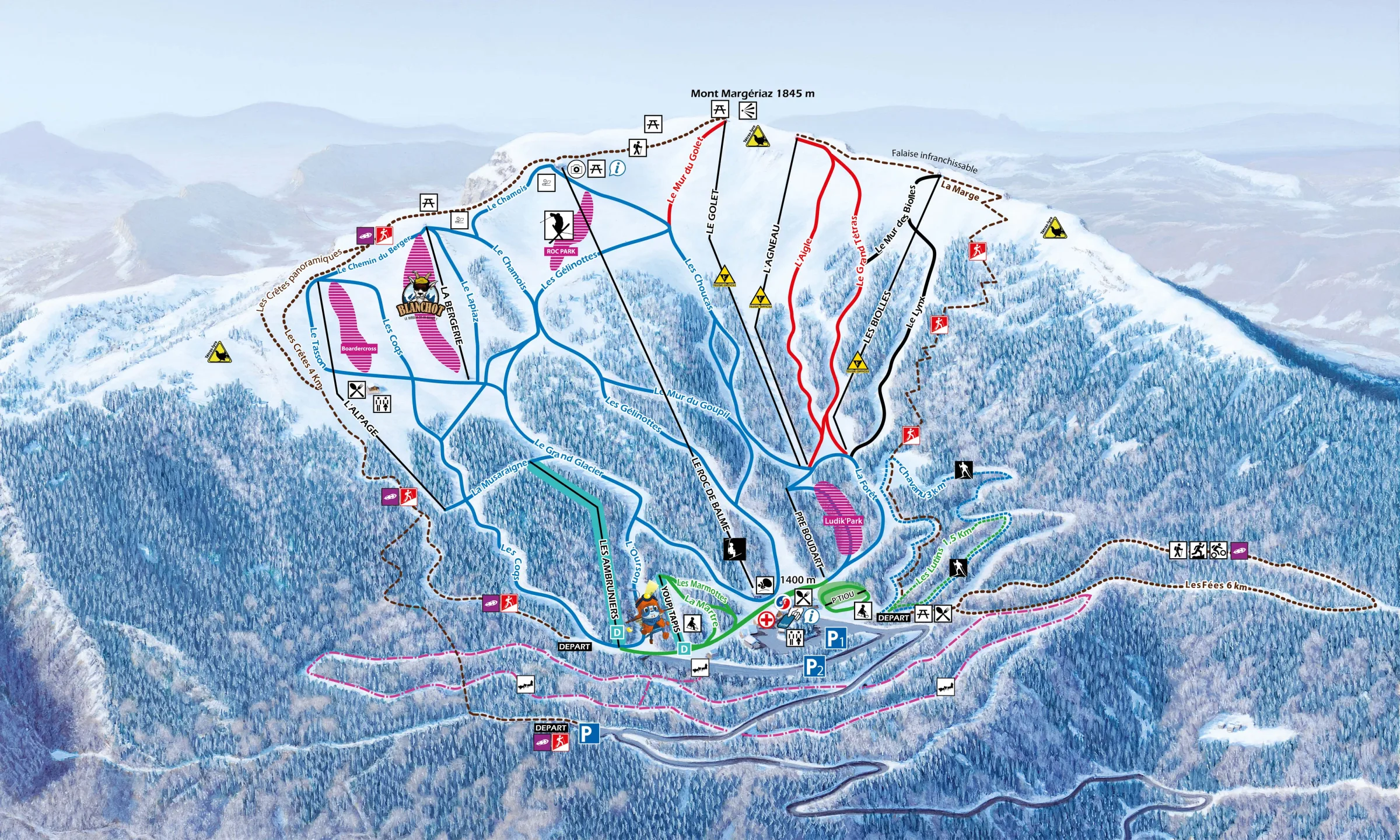 Pistenplan Aillon-Margériaz 2025/26 – Übersichtskarte mit Pisten, Liften und Bergbahnen