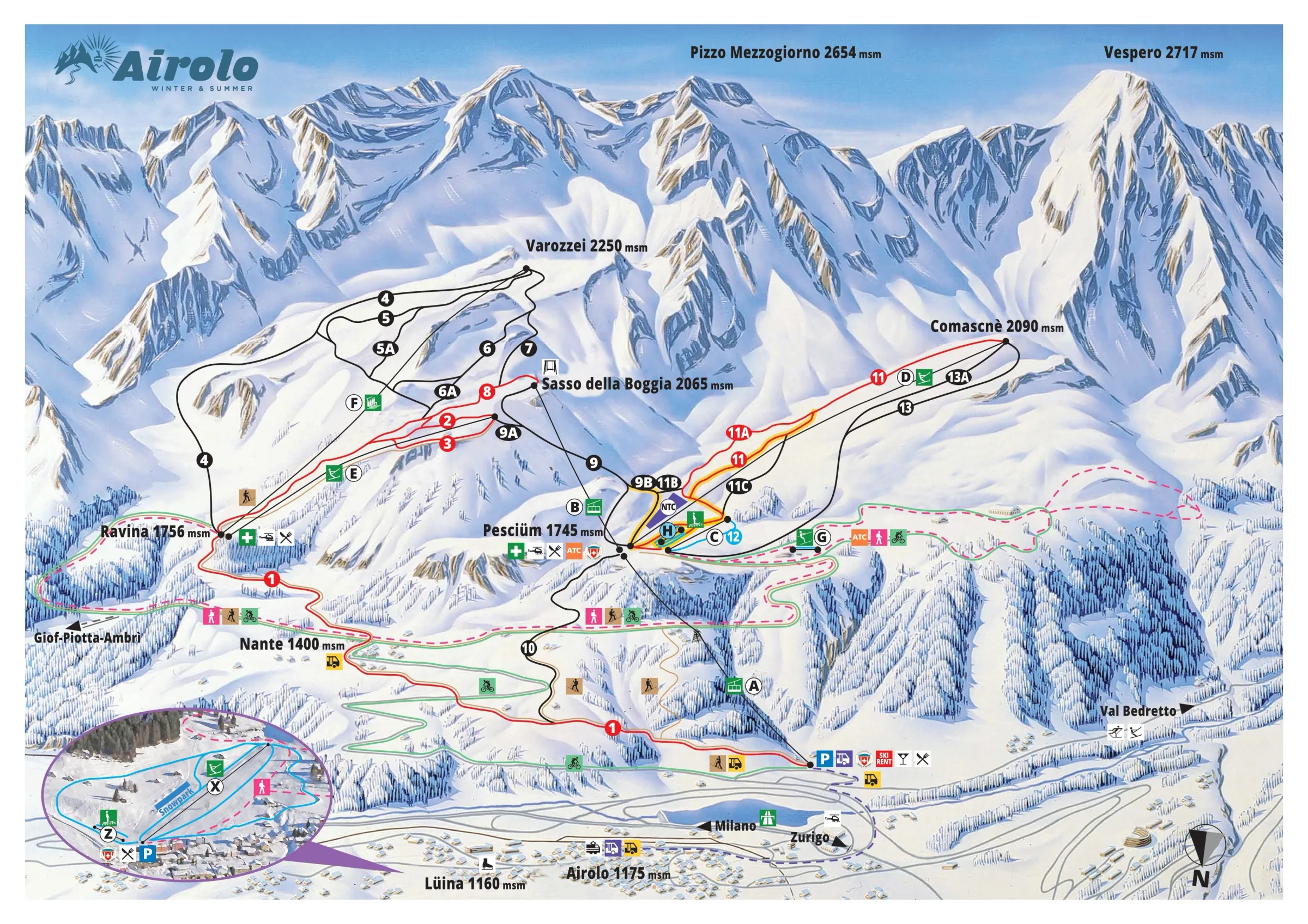 Pistenplan Airolo-Pesciüm 2025/26 – Übersichtskarte mit Pisten, Liften und Bergbahnen