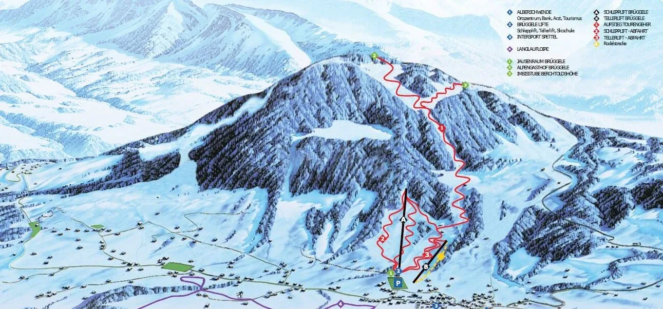 Pistenplan Alberschwende (Brüggelekopf) 2025/26 – Übersichtskarte mit Pisten, Liften und Bergbahnen