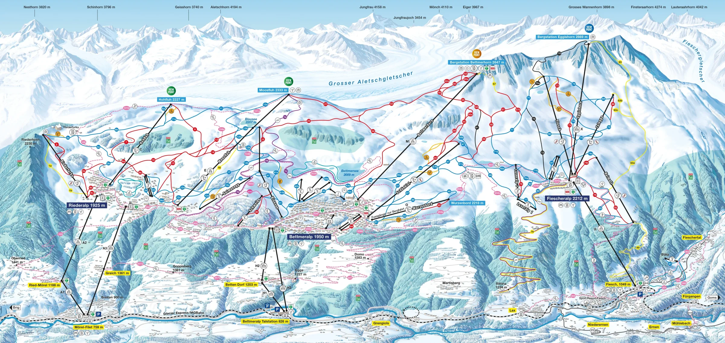 Pistenplan Aletsch Arena 2025/26 – Übersichtskarte mit Pisten, Liften und Bergbahnen