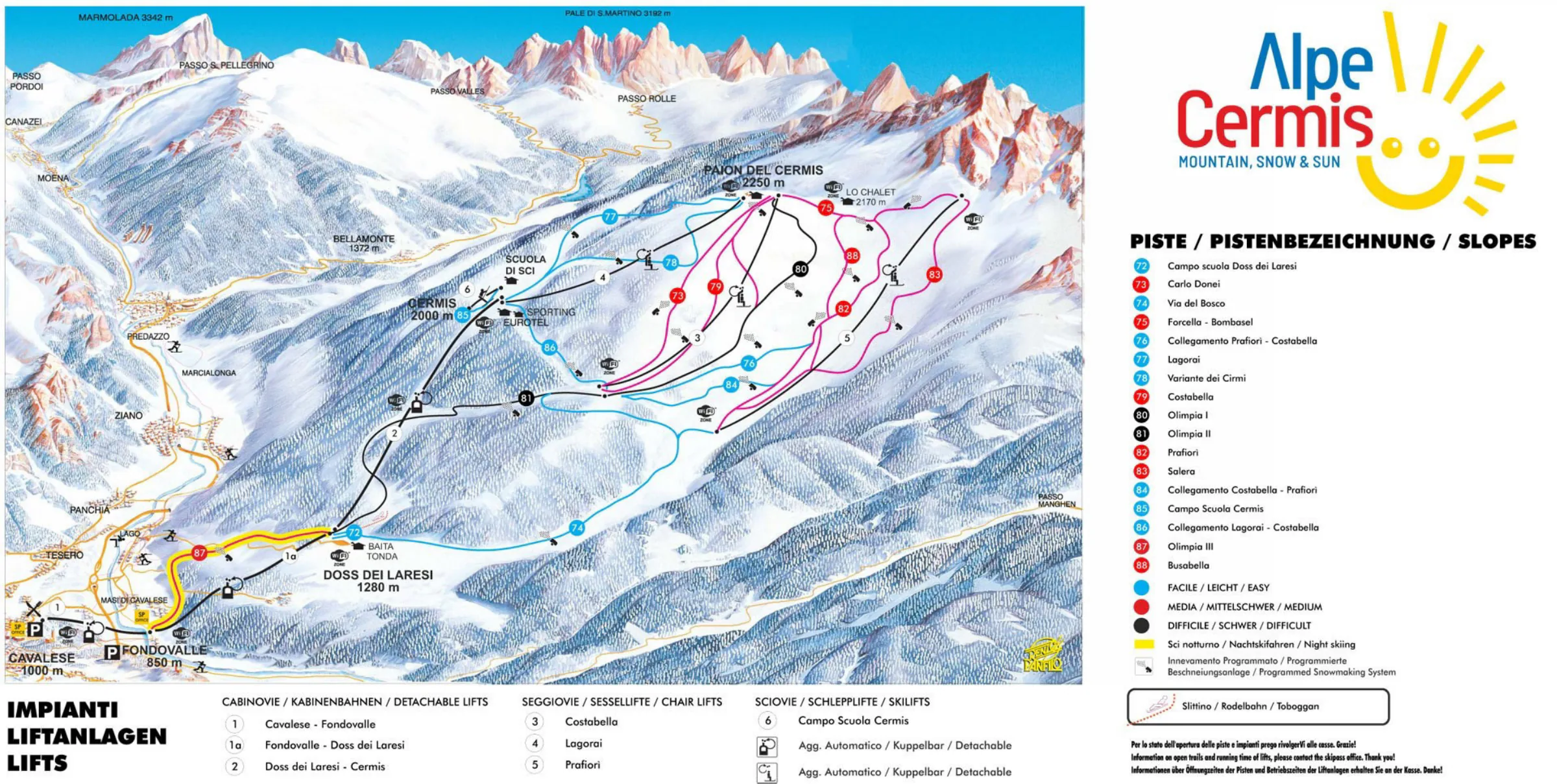 Pistenplan Alpe Cermis (Cavalese) 2025/26 – Übersichtskarte mit Pisten, Liften und Bergbahnen