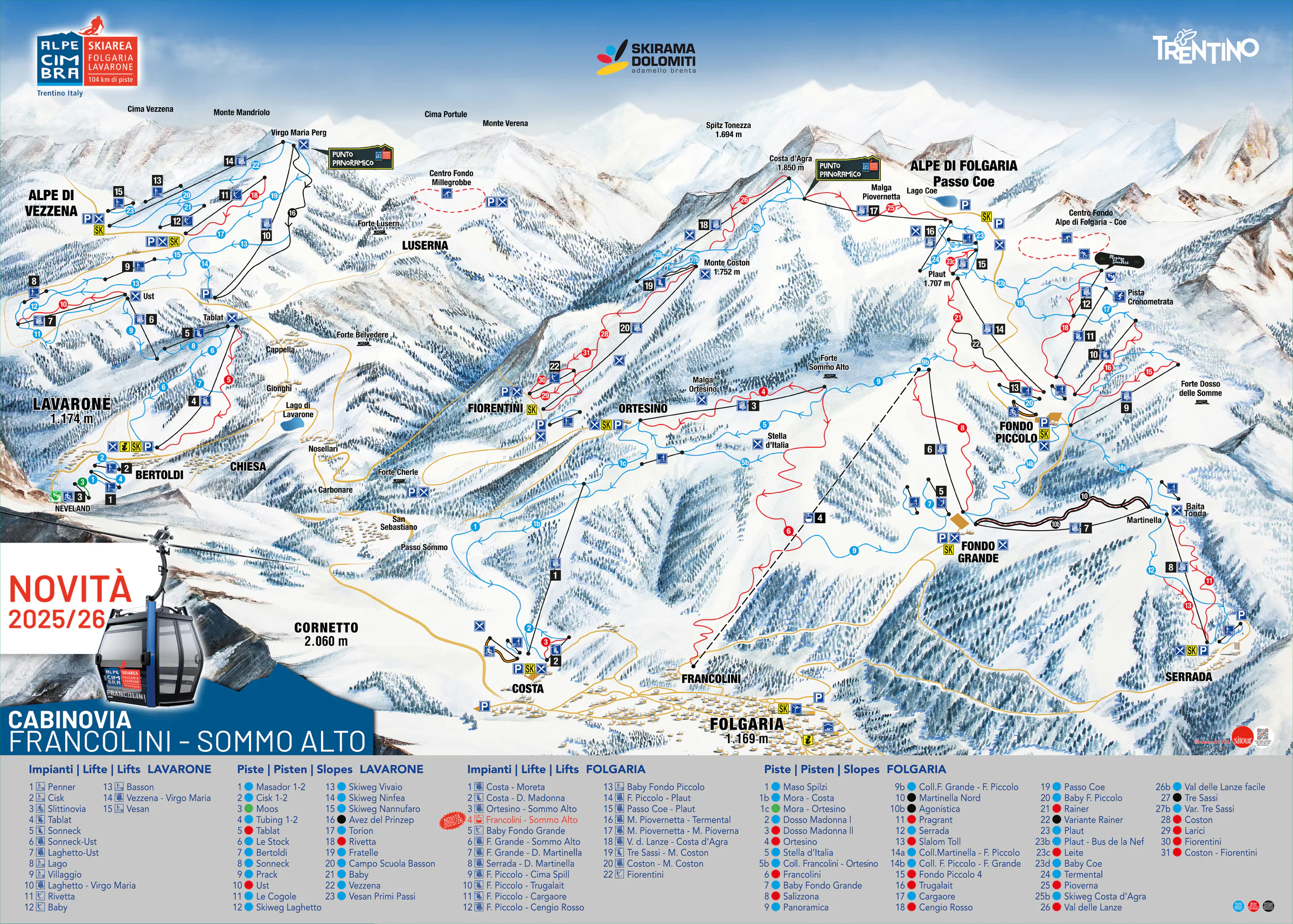 Pistenplan Folgaria (Alpe Cimbra) 2025/26 – Übersichtskarte mit Pisten, Liften und Bergbahnen