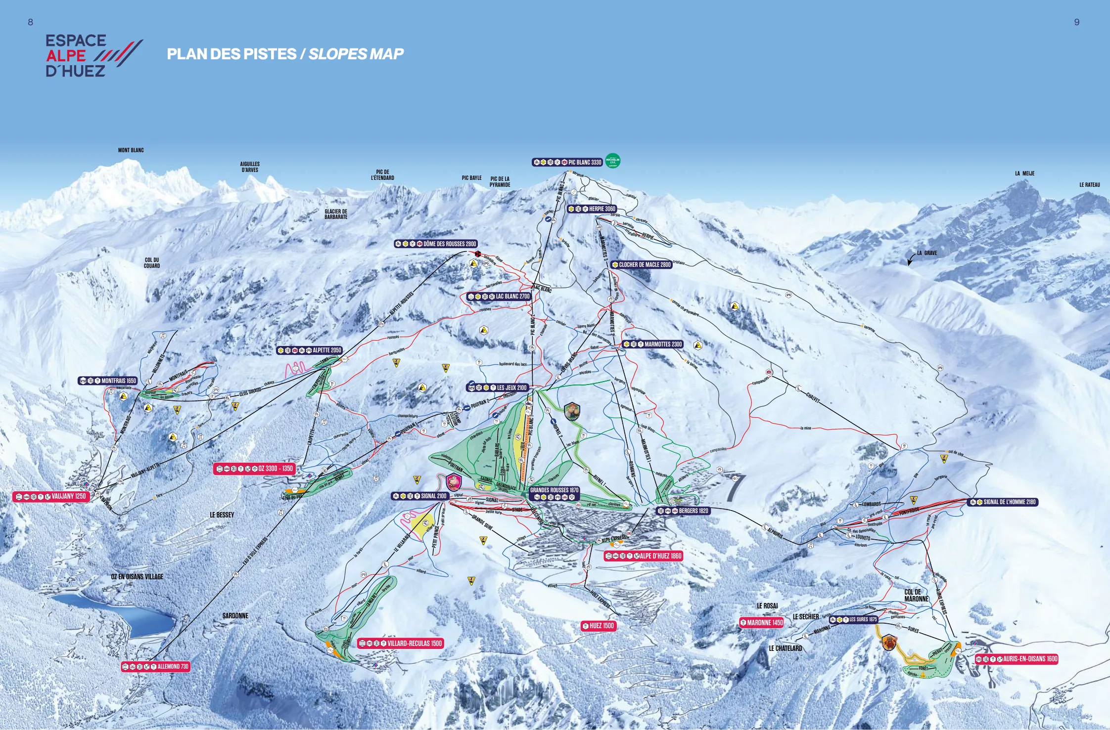 Pistenplan Alpe d'Huez 2025/26 – Übersichtskarte mit Pisten, Liften und Bergbahnen