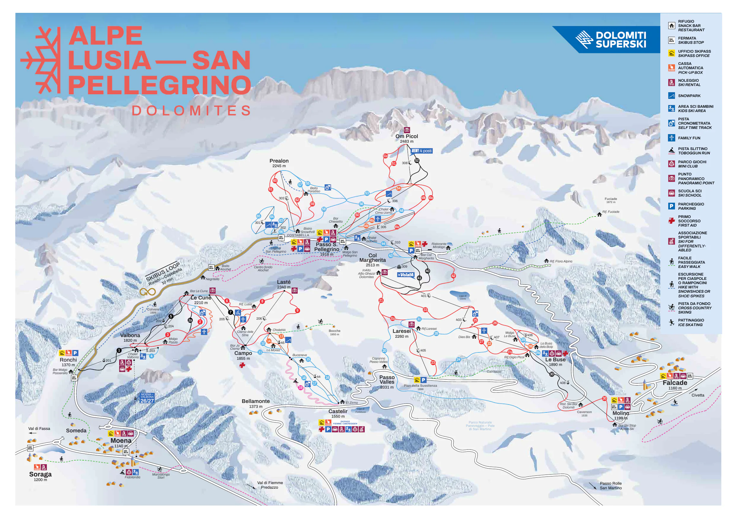Pistenplan Alpe Lusia (Bellamonte – Moena) 2025/26 – Übersichtskarte mit Pisten, Liften und Bergbahnen