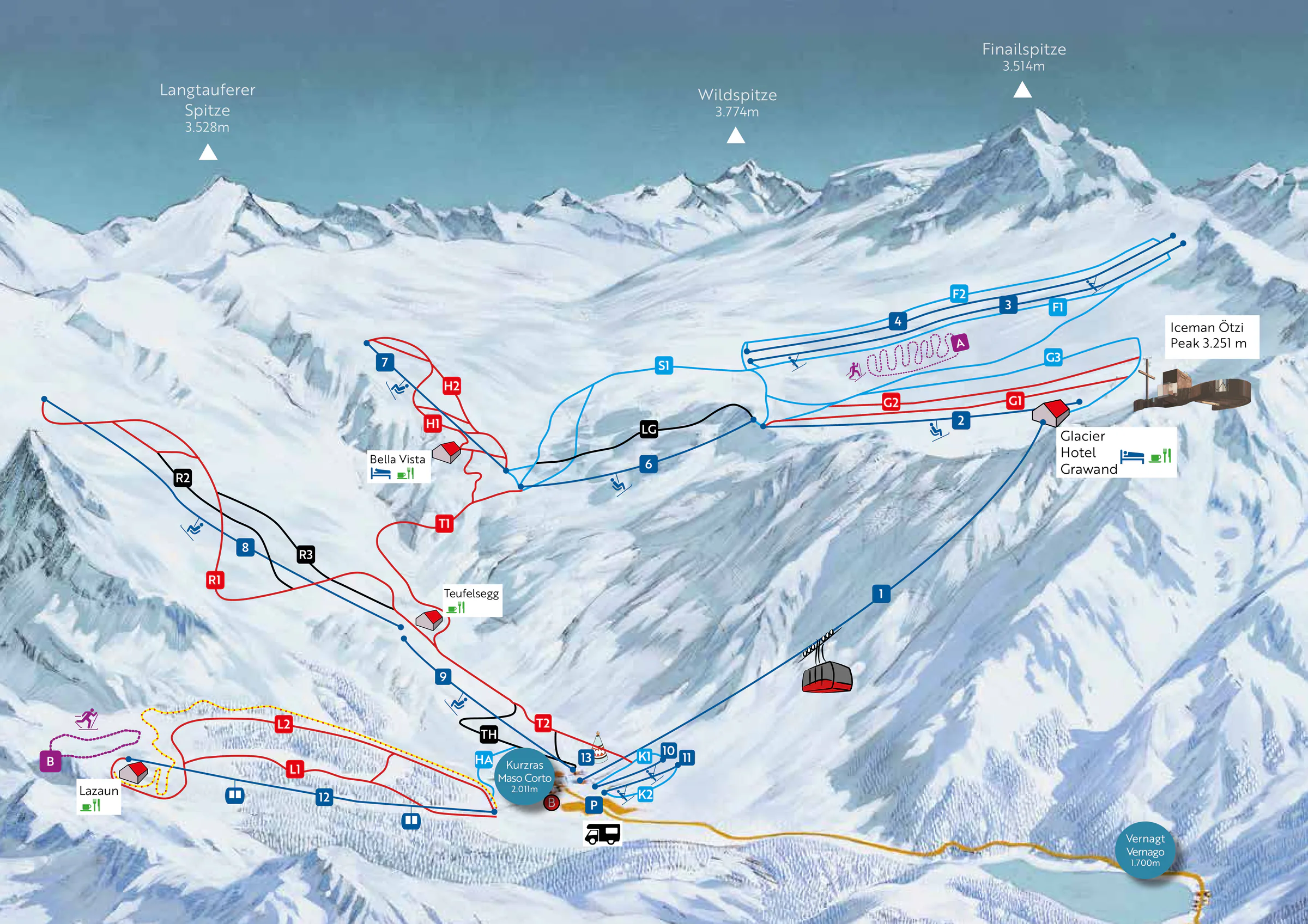 Pistenplan Alpin Arena Schnals (Schnalstal) 2025/26 – Übersichtskarte mit Pisten, Liften und Bergbahnen