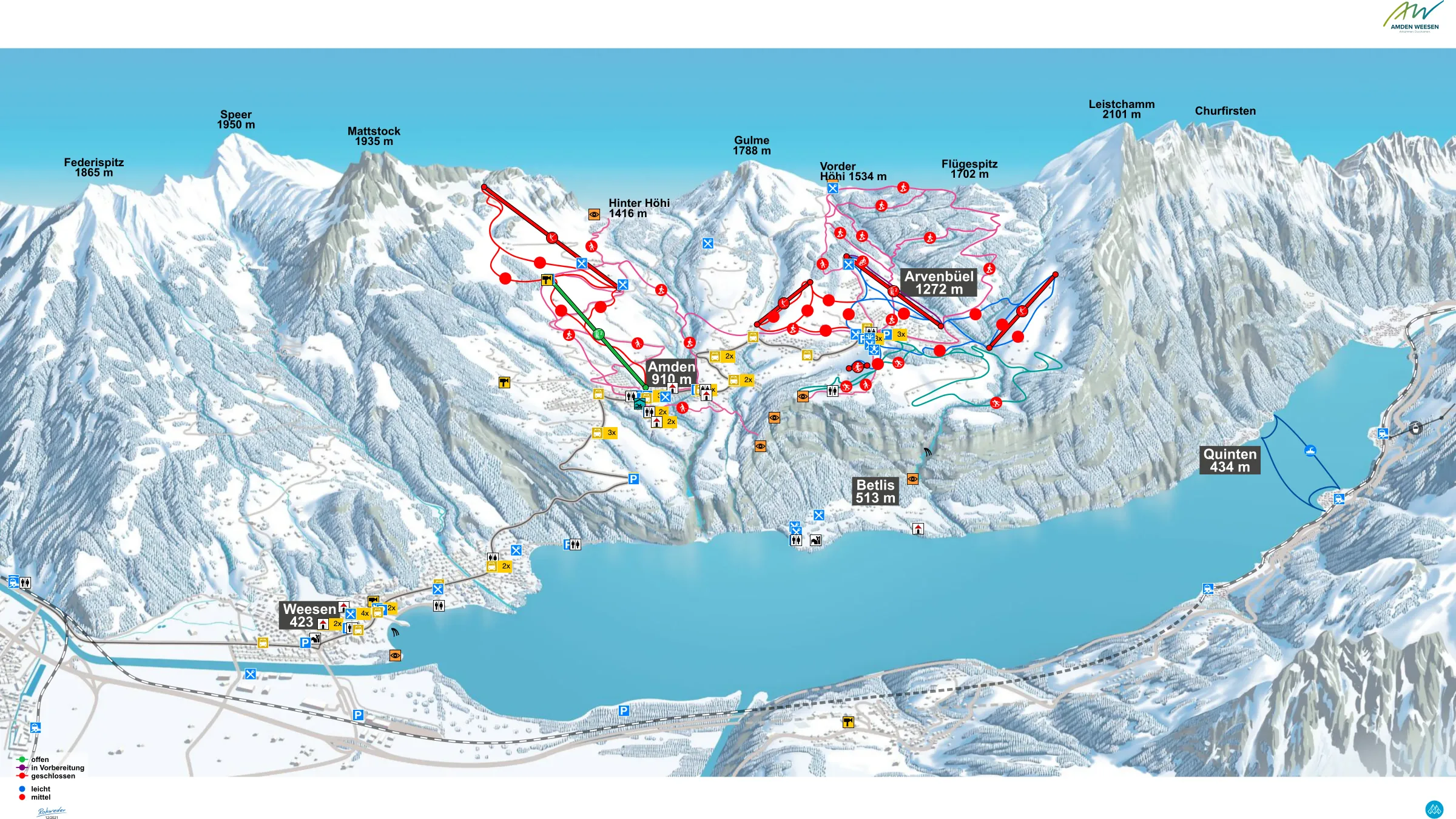 Pistenplan Amden 2025/26 – Übersichtskarte mit Pisten, Liften und Bergbahnen