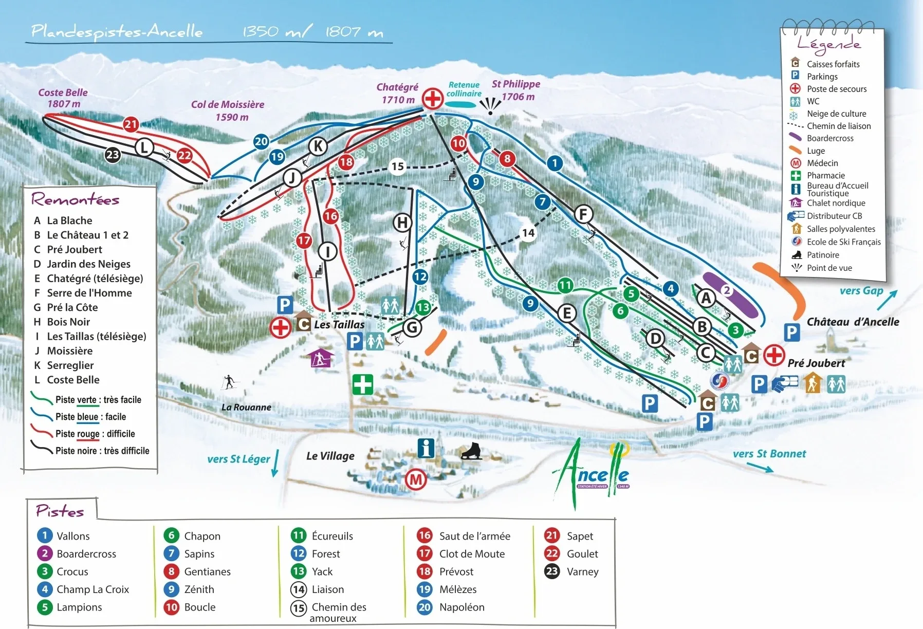 Pistenplan Ancelle 2025/26 – Übersichtskarte mit Pisten, Liften und Bergbahnen