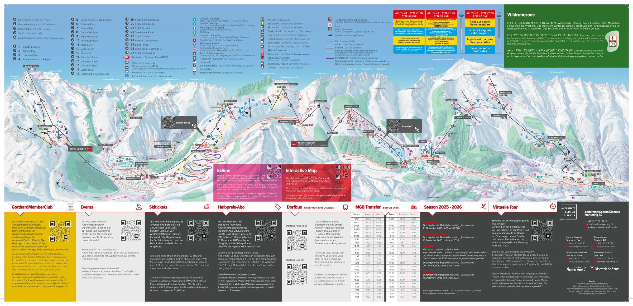 Pistenplan SkiArena Andermatt-Sedrun 2025/26 – Übersichtskarte mit Pisten, Liften und Bergbahnen