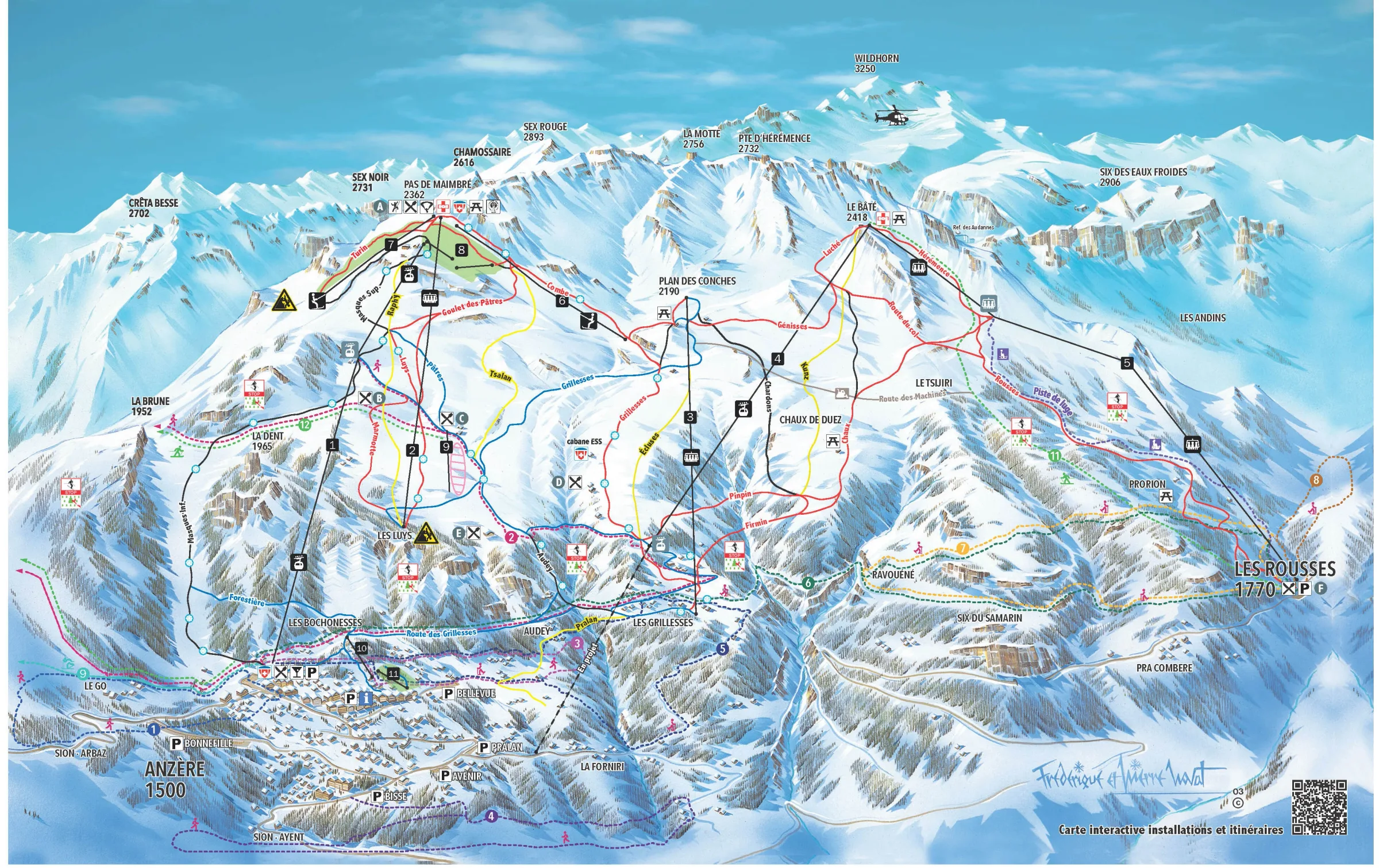 Pistenplan Anzère 2025/26 – Übersichtskarte mit Pisten, Liften und Bergbahnen