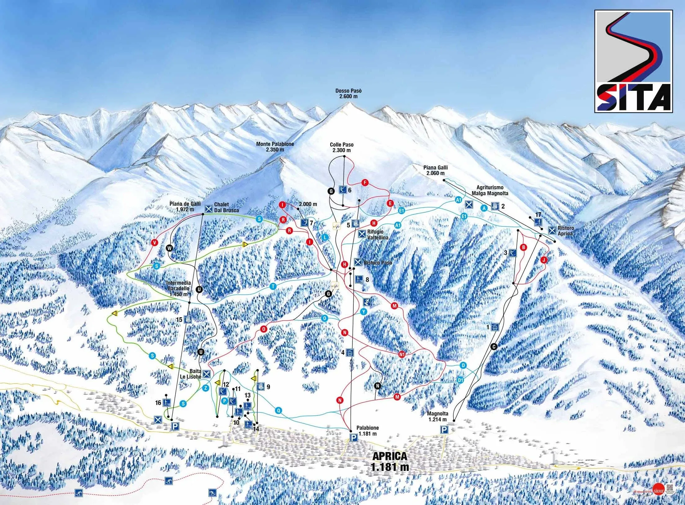 Pistenplan Aprica 2025/26 – Übersichtskarte mit Pisten, Liften und Bergbahnen